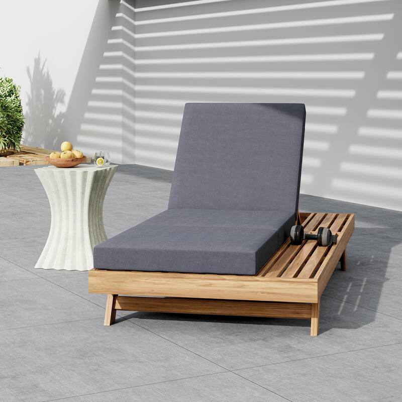 Outdoor Patio Acacia Wood Chaise Lounge Chair with Adjustable Backrest, Side Open Storage and Water-Repellent Cushions