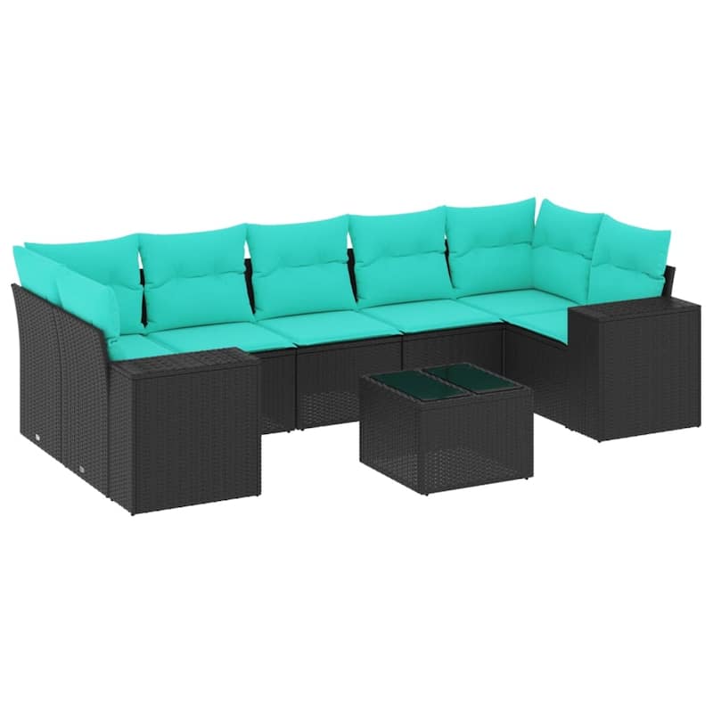 vidaXL 8 Piece Patio Sofa Set with Cushions Black Poly Rattan - 24.4" x 24.4" x 27.2"