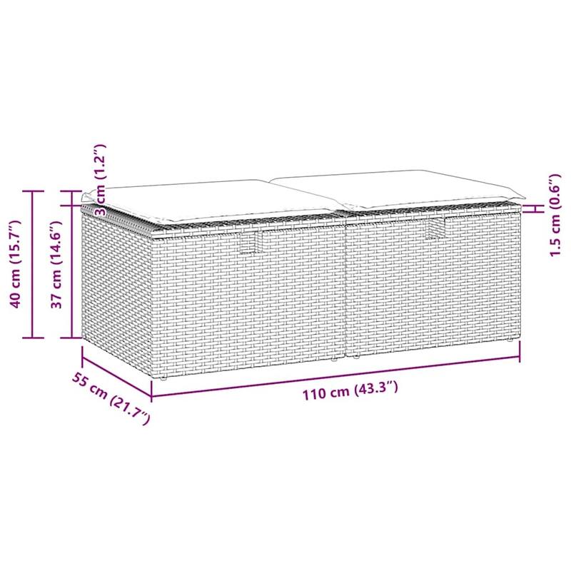 vidaXL Patio Sofa Set with Cushions Modular Stools 2 Piece Poly Rattan Acacia - 21.7 x 21.7 x 14.6