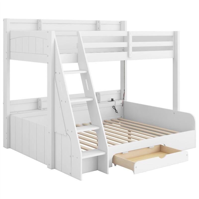 Twin over Full Bunk Bed with Storage Shelves, LED Light and a Drawer, Solid Wood Bunk Bedframe with USB Charging Station