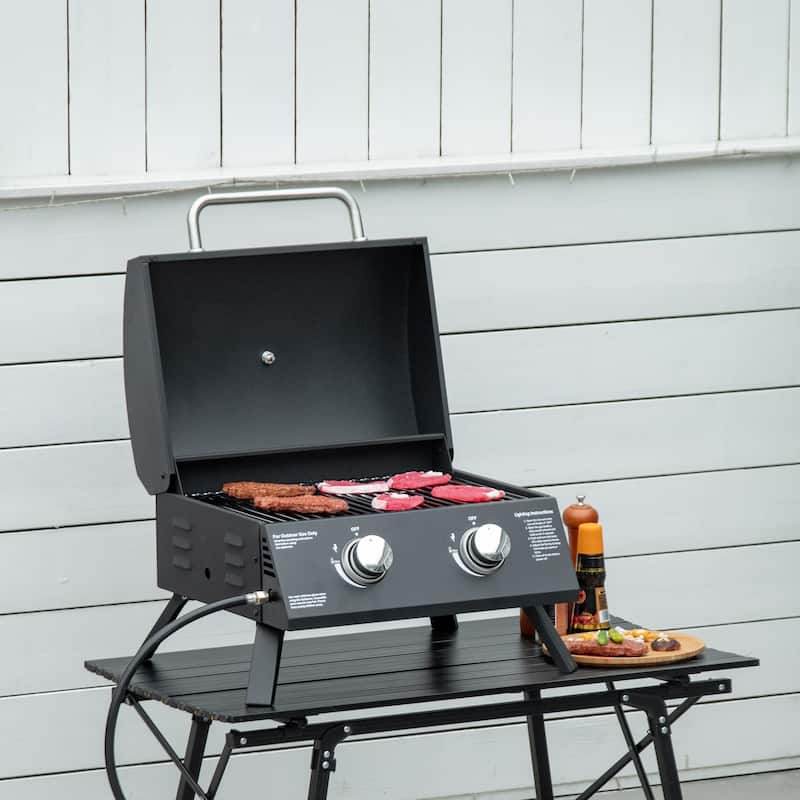2 Burner Propane Gas Grill Outdoor Portable Tabletop BBQ with Foldable Legs,
