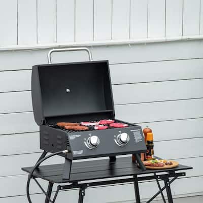 2 Burner Propane Gas Grill Outdoor Portable Tabletop BBQ with Foldable Legs,