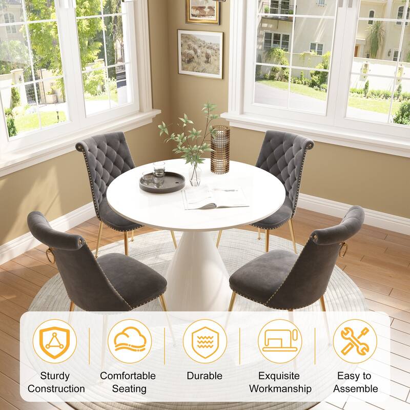 48" Light Luxury White High Gloss Large Countertop Dining Table with Velvet Dining Chair Set