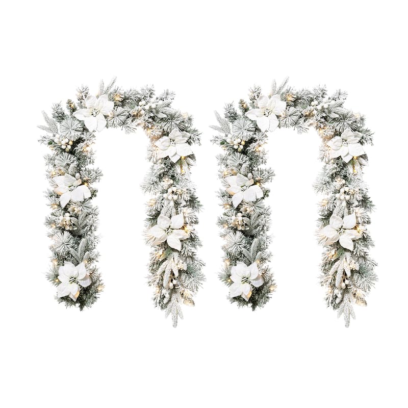 Glitzhome Set of 2/4 6ft Pre-Lit Flocked Greenery Pine White Poinsettia Christmas Garland - White *2