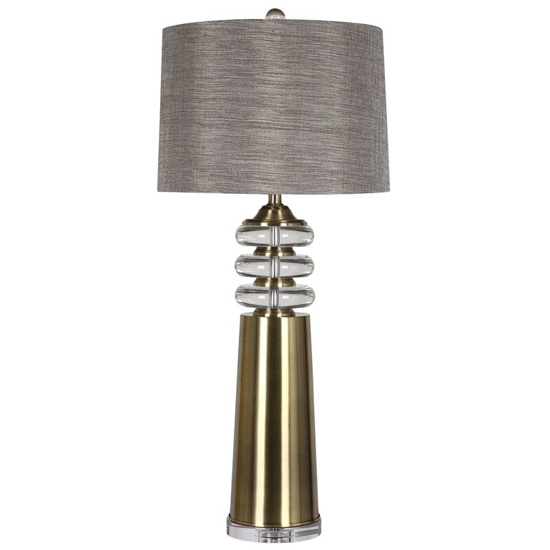 Harp & Finial Tinley 1-light Brass Table Lamp with Clear Glass - Grey Hardback Fabric Shade - Brass