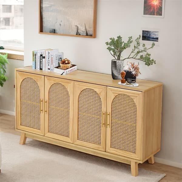 Boho Sideboard Buffet Cabinet with Rattan Doors & Metal Handles, Natural - Bed Bath & Beyond