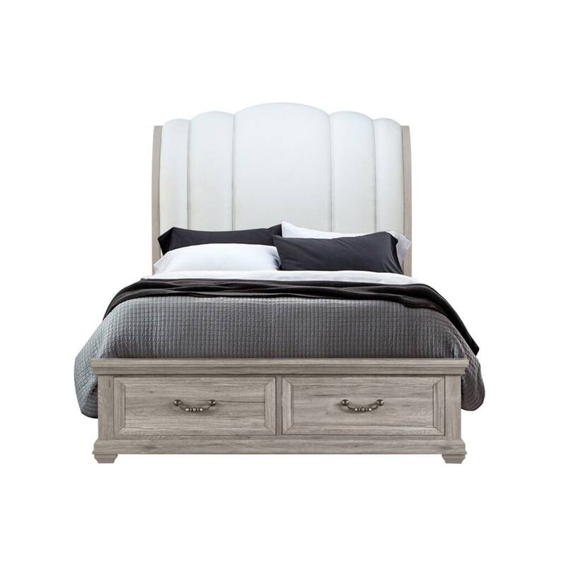 HomeRoots Natural and Light Gray Wood And Upholstery King Bed Frame With Drawers