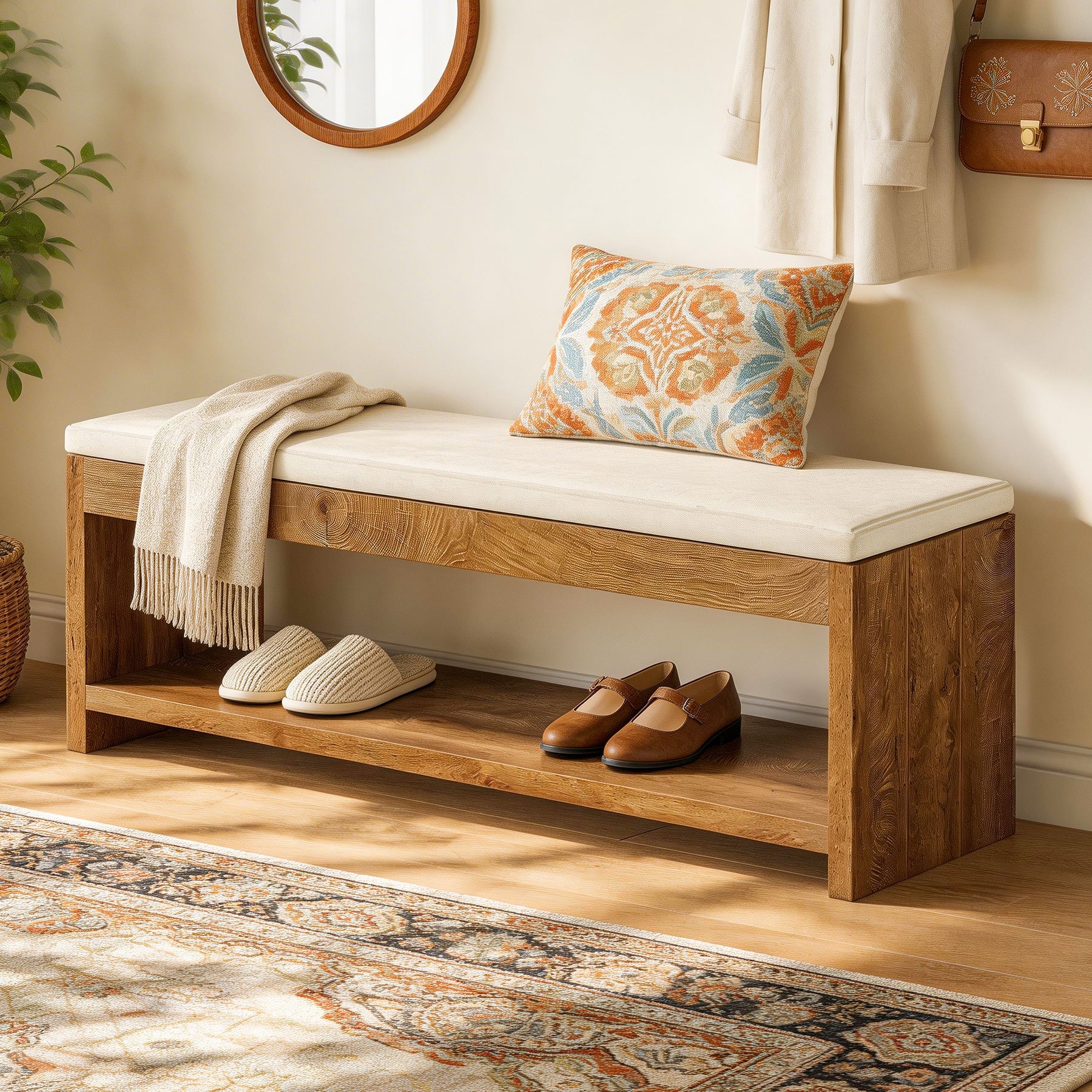 Shoe Bench with Cushion and Storage Shelf for Entryway, Living Room
