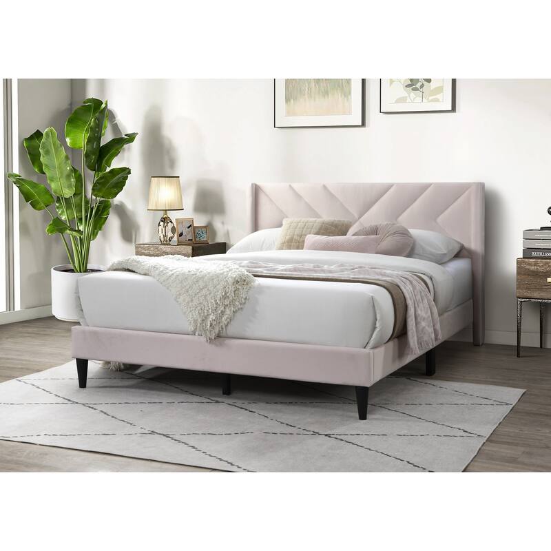 Modern Light Pink Velvet Upholstered Queen Size Bed with Geometric Headboard