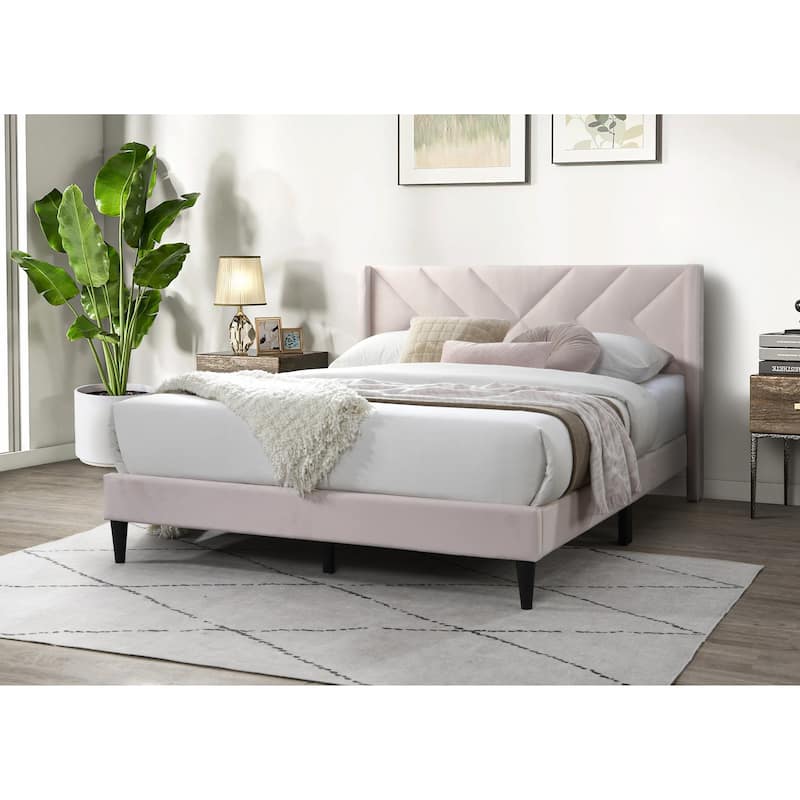 Queen Size Velvet Upholstered Platform Bed with Geometric Stitched Headboard and Modern Platform Design