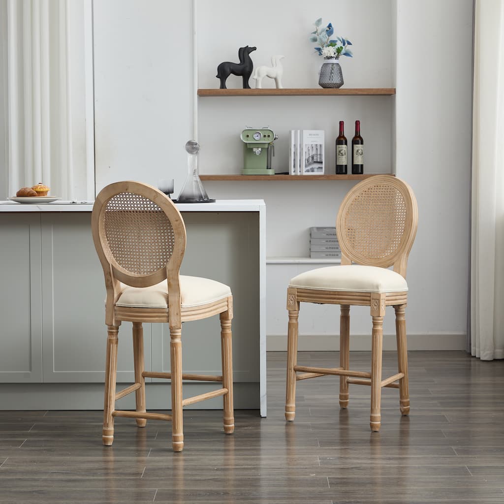 French Country Set of 2 Bar Stools, Round Rattan Mesh Back Accent Chairs with Upholstered Seat and Solid Wood Frame