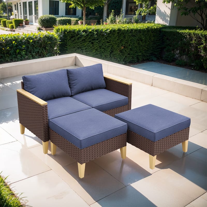 All-Weather Outdoor Loveseat Sofa Ottoman Set - Blue - Brown