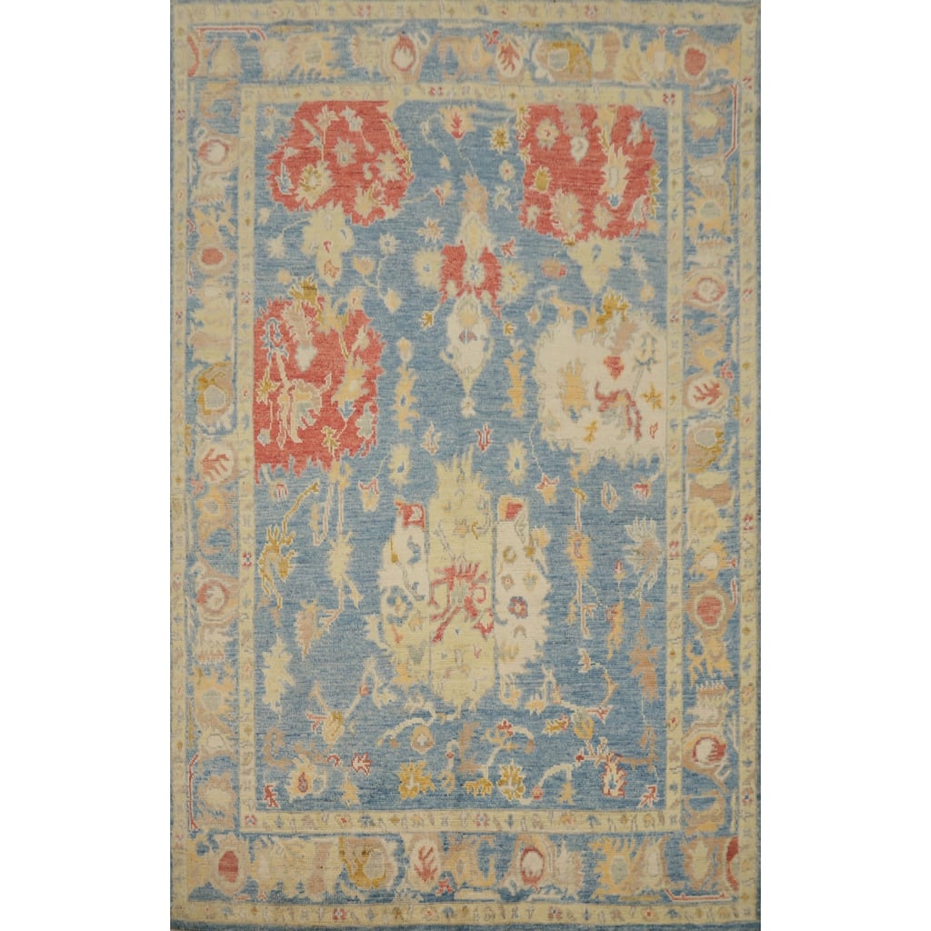 Hand Knotted Oriental 100% Wool Carpet Transitional Floral Navy Blue & Blues Oushak Area Rug - 7' 2'' X 5' 2''