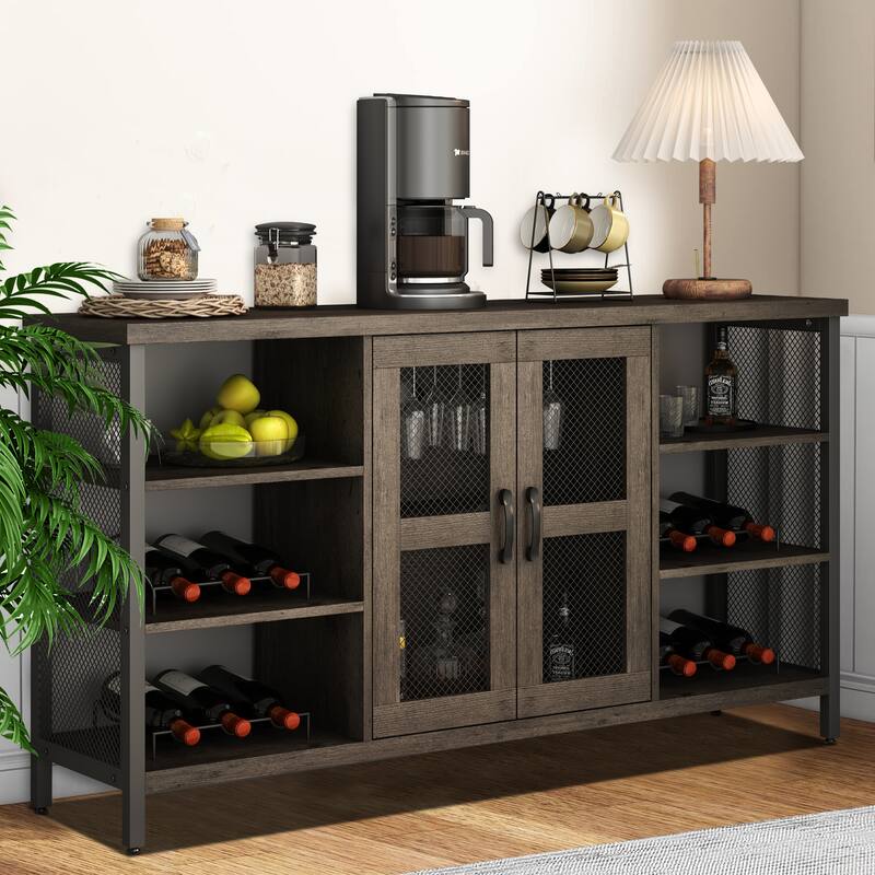 Industrial Wine Bar Cabinet Wood Buffet Cabinet Wine Rack Sideboard - 55“W