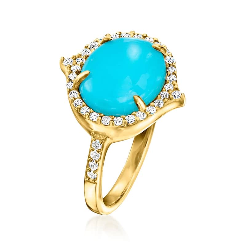 18K Yellow Gold Over Sterling Silver Sleeping Beauty Turquoise, White Natural Zircon Ring