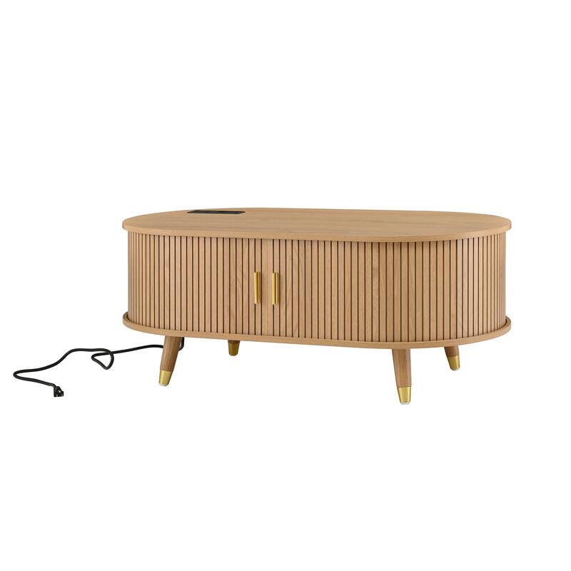 Wooden Oval Fluted Coffee Table with Charging Station and Sliding Tambour Door - 42.5" W × 22.8" D × 17.1" H