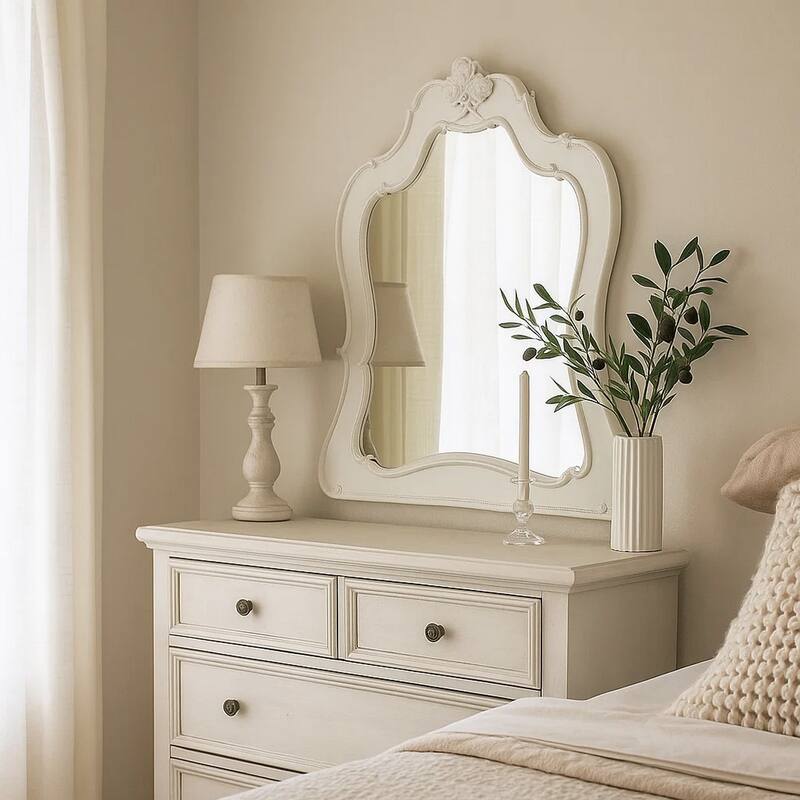 Wooden Frame Mirror with Scalloped Trim Crown Top, White