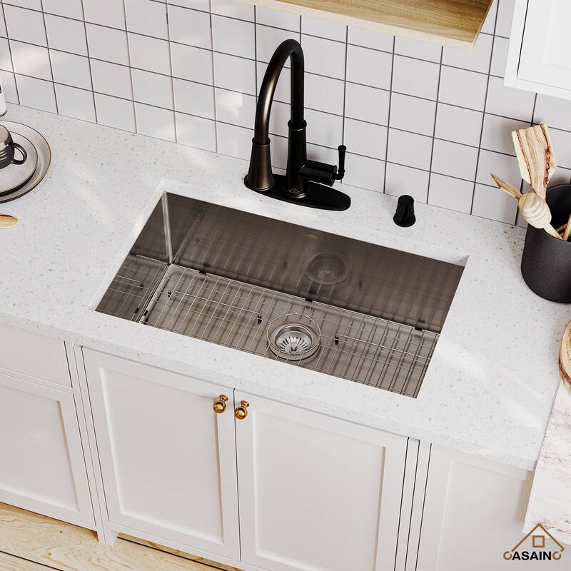 Stainless Steel Sink 16-Gauge Single Bowl Undermount Kitchen Sink in Brushed with Bottom Grid and Drainer