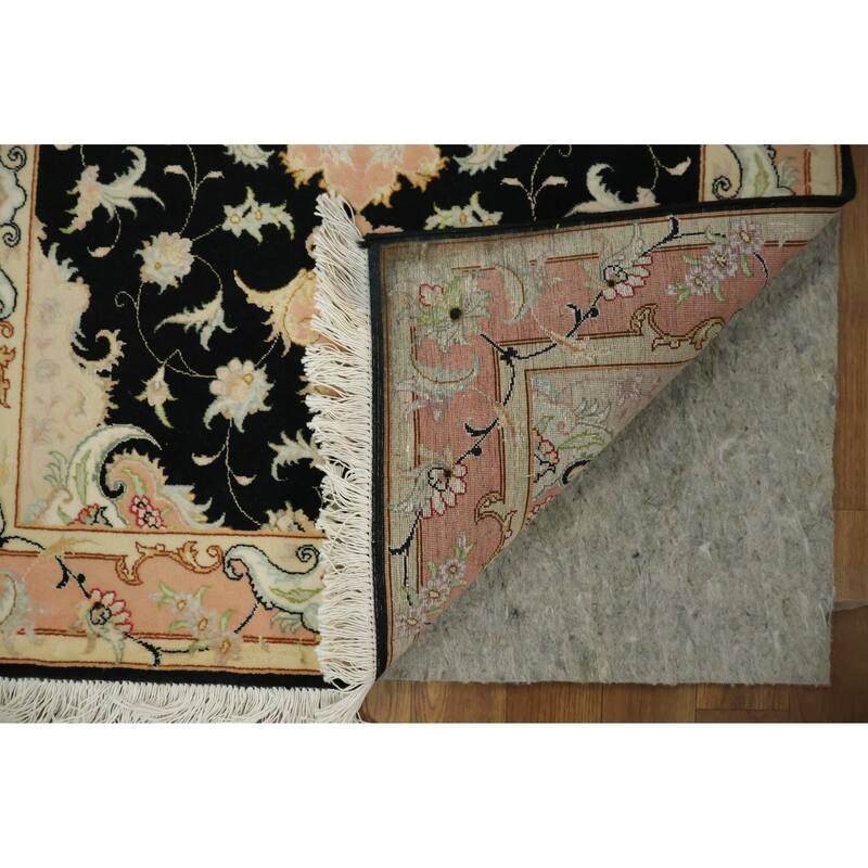 Hand Knotted Oriental Wool & Silk Carpet Traditional Floral Black Tabriz Runner Rug - 13' 5'' X 2' 9''