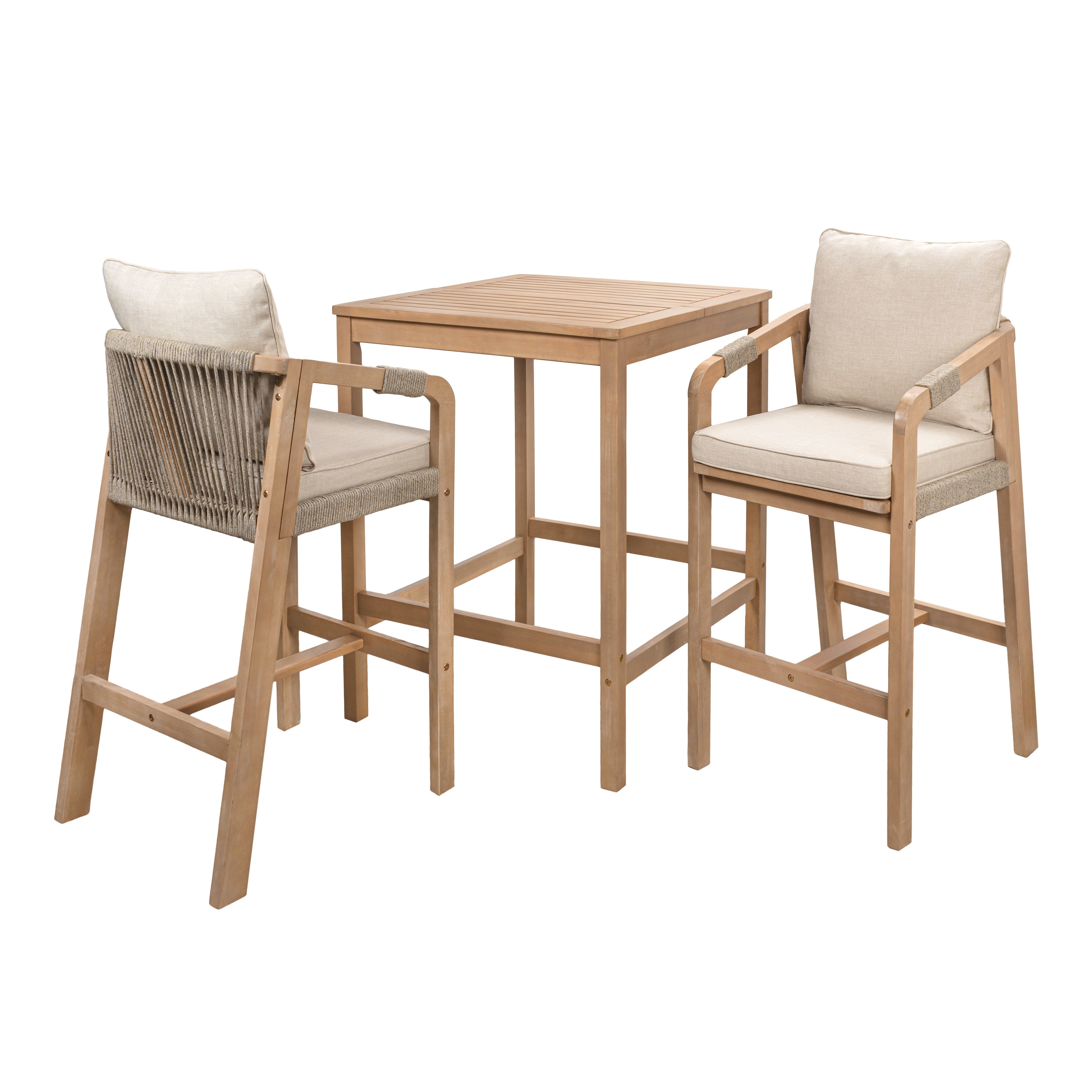 Porto Coastal 3-Piece Acacia Wood Outdoor Bar Set, High-Top Patio Table & Woven Rope Chairs with Removable Cushions