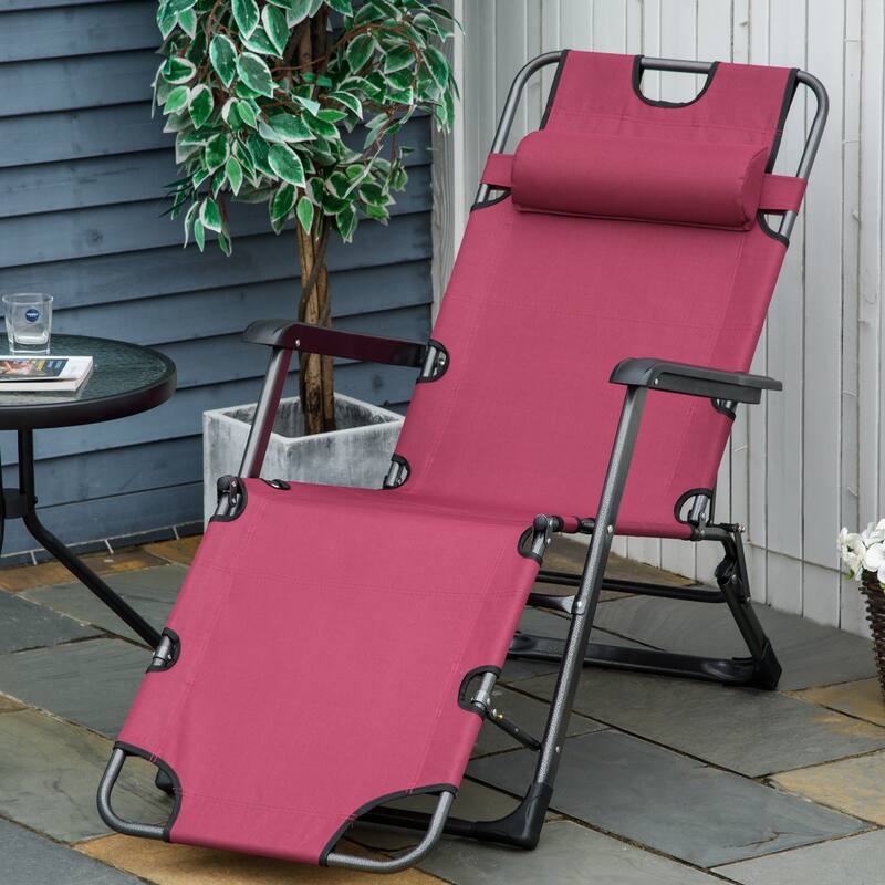 Folding Outdoor Chaise Lounger with Adjustable Backrest, Headrest and Pocket for Patio Beach or Lawn - Red