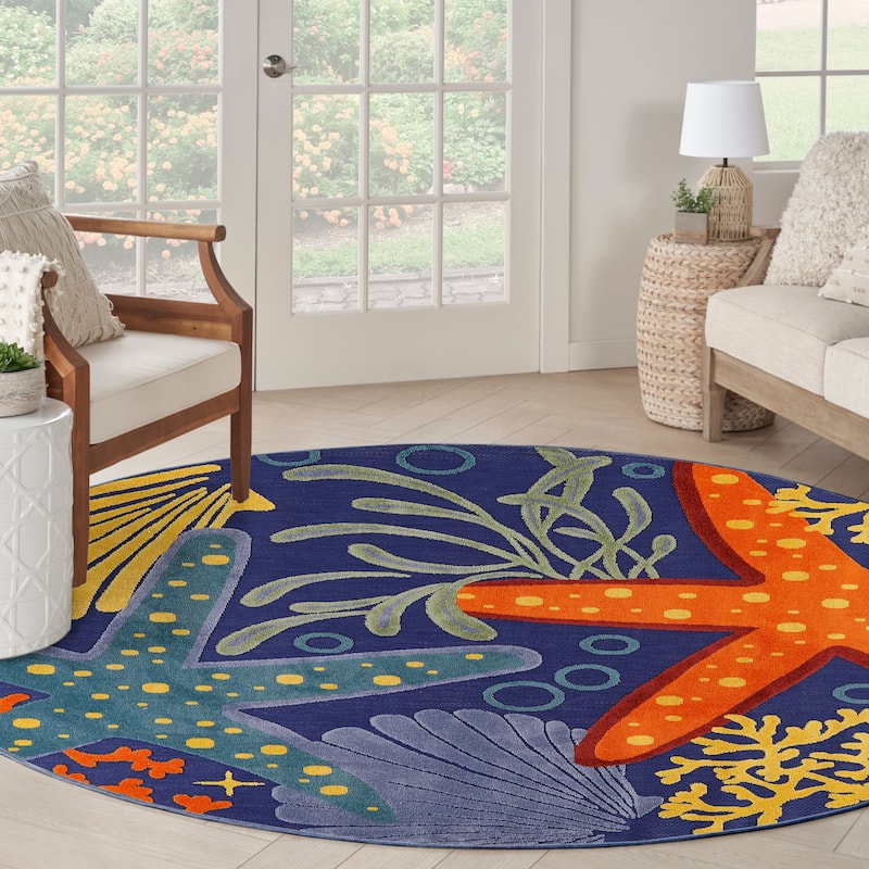 Nourison Aloha Coastal Starfish Indoor/Outdoor Area Rug - 5'3" x Round - Navy/Multi