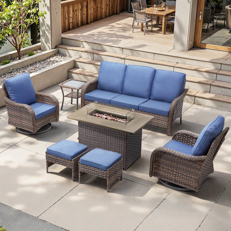 Cavira Brown Wicker Patio Fire Pit Conversation Set with Swivel Gliders