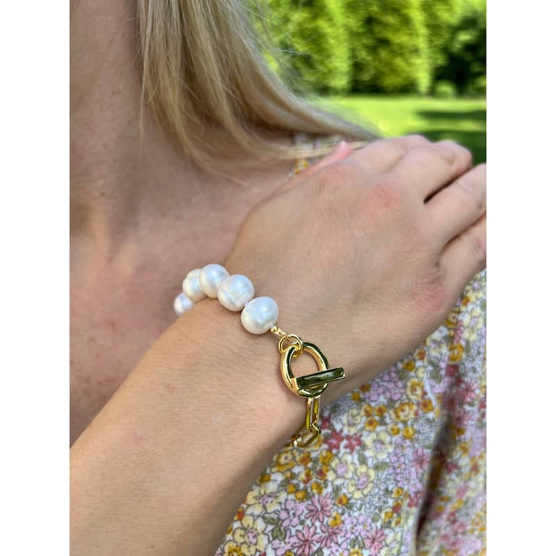 Mother of Pearl Bead and Chain Toggle Bracelet - Gold