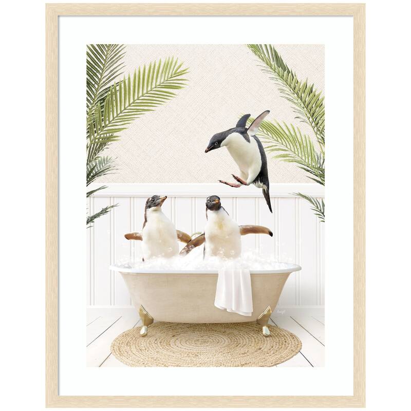 Kate and Laurel Penguins in Palms Bath by Amy Peterson Framed Wall Art Print - 27 x 34 - Natural