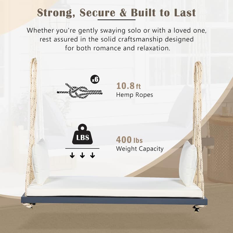 Outdoor Patio Wooden Swing Chair, Hanging Porch Swing Bench w/ Cushion & Pillows for Garden, Backyard, Lawn
