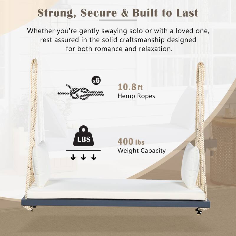 Premium Wooden Porch Swing Chair with Cushion Set - 10.8FT Weather-Resistant Hemp Rope Hanging Bench for Outdoor, Lawn, Deck