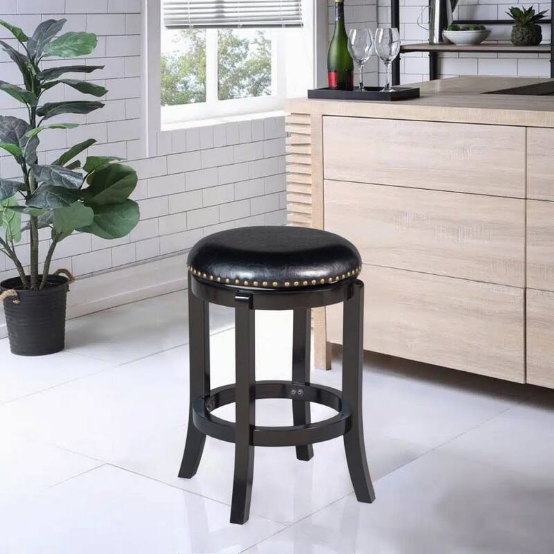 Nailhead Trim Round Leatherette Swivel Counter Stool with Flared Leg - 24 H x 16 W x 16 L Inches - Black