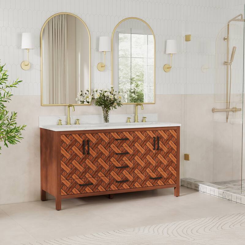 60" Freestanding Bathroom Vanity with Engineered Stone Top, Ceramic Double-Sink, Built-In Power Outlet, and Hair Dryer Storage