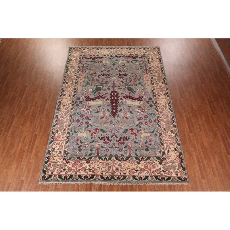 Hunting Animals Gray Ziegler Oriental Large Rug Handmade Wool Carpet - 9'8"x 13'10"