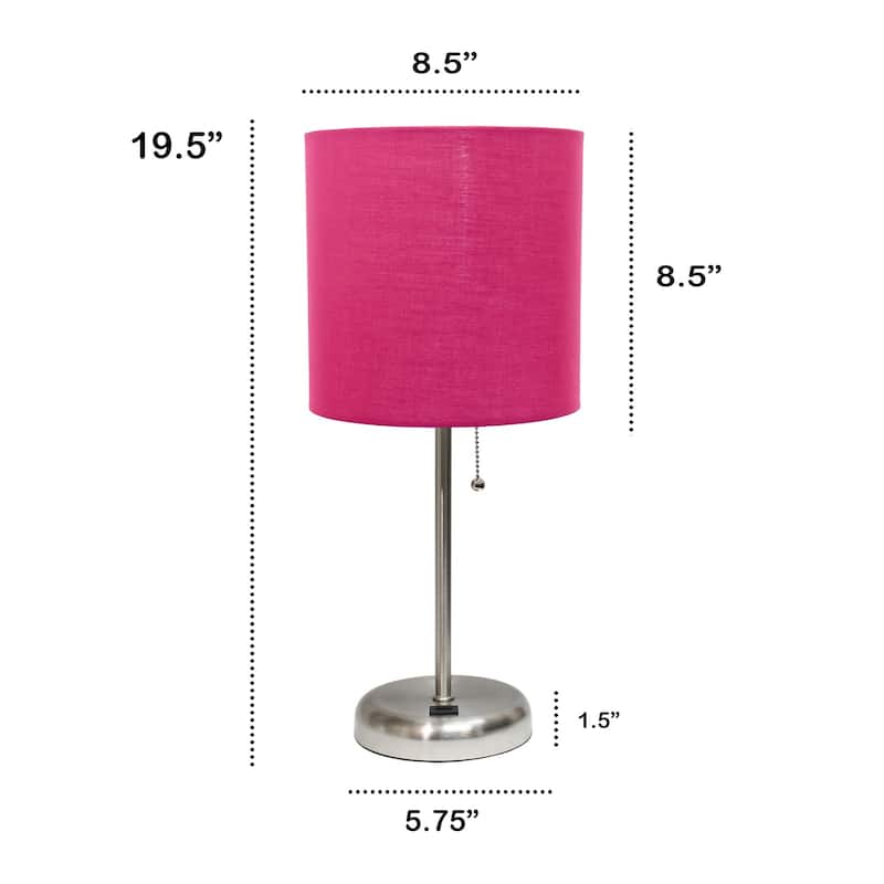 Contemporary Brushed Steel Bedside Table Desk Lamp with Drum Shade - 19.5" - Silver and Hot Pink