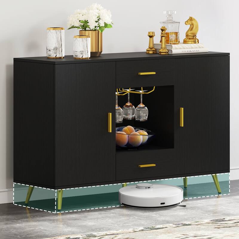 Modern Wood Buffet Cabinet Sideboard Buffet with Storage Adjustable Shelf Wine Glass Holder