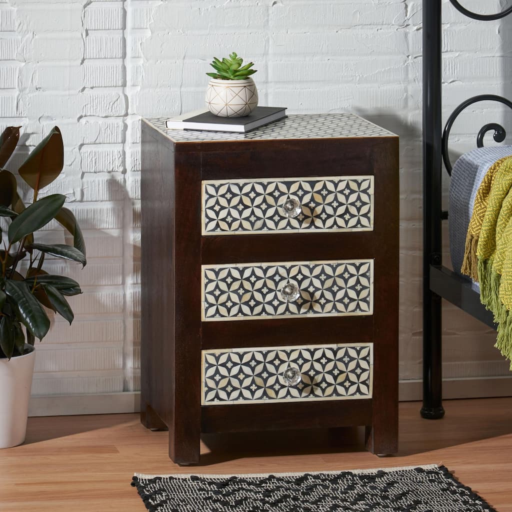 Boho Bone Inlay Nightstand - 3 Drawer Mango Wood, Handcrafted