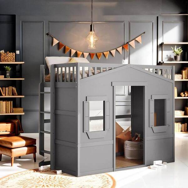 slide 2 of 15, Twin Size House Loft Bed With Ladder-Gray Gray
