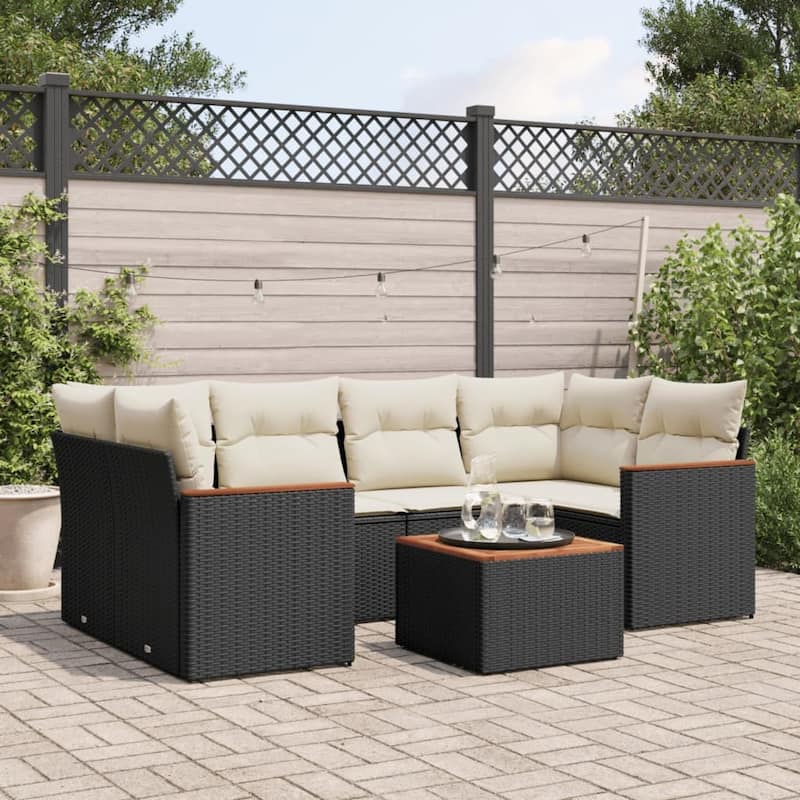 vidaXL Patio Sofa Set with Cushions Outdoor Furniture 7 Piece Poly Rattan - Black and cream Large