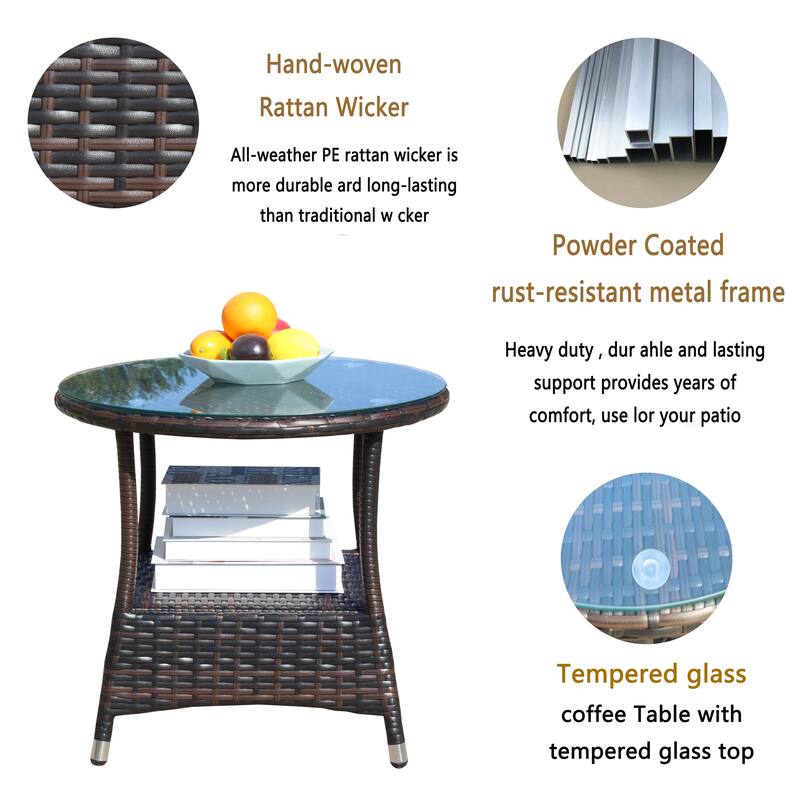Outdoor Round Coffee Table with Clear Tempered Glass with Steel Frame