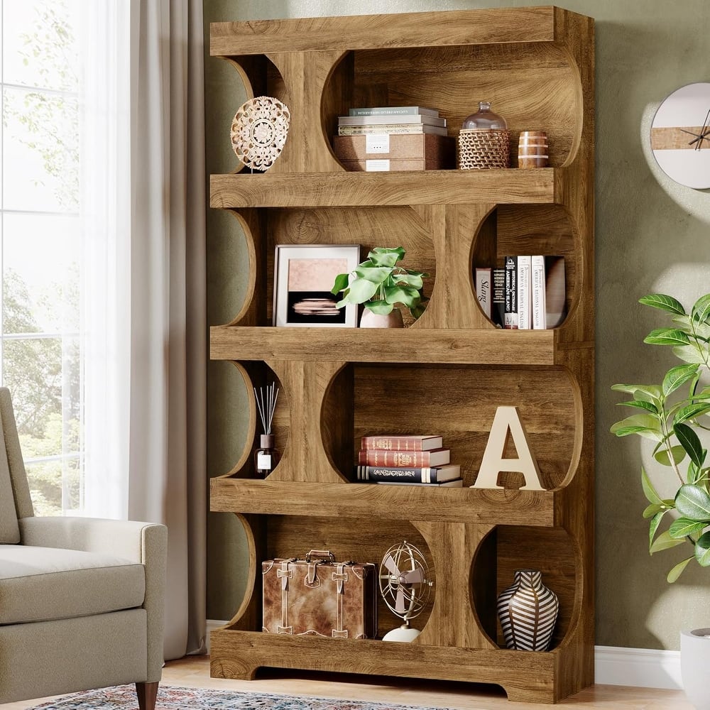 71 Inches Tall Bookcase, 4-Tier S-Shaped Bookshelf, Wood Decorative Storage Shelving