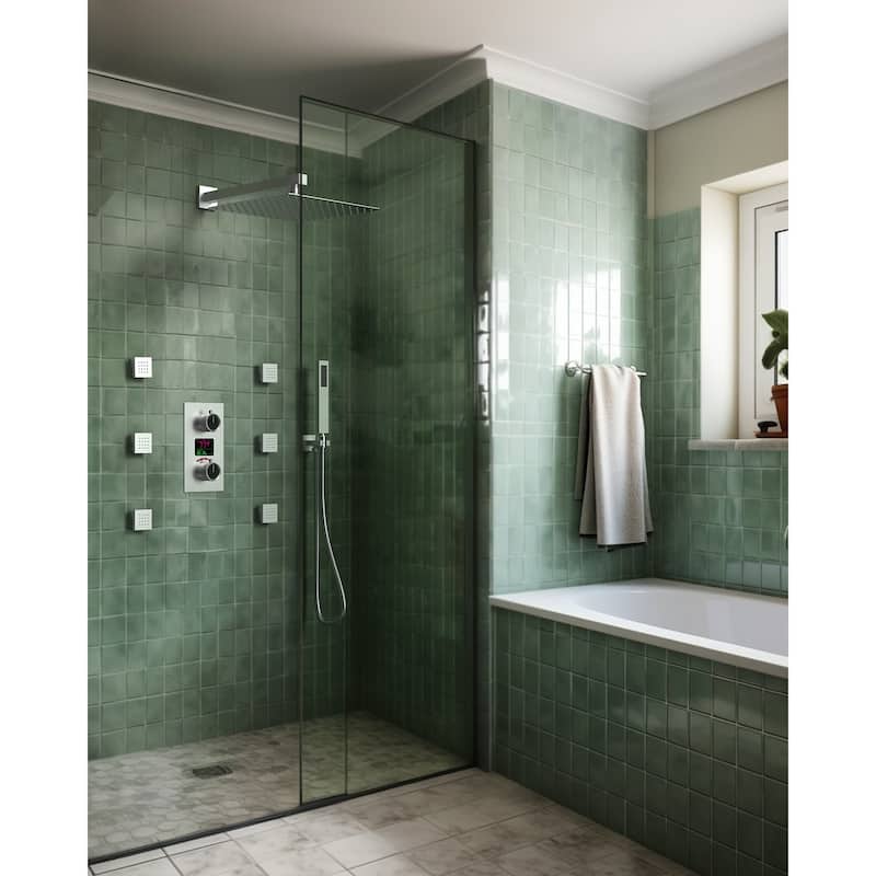 GRANDJOY 12 Inch Wall Mounted Digital Temperature Display Shower System Rainfall Shower Head with 6 Body Jets