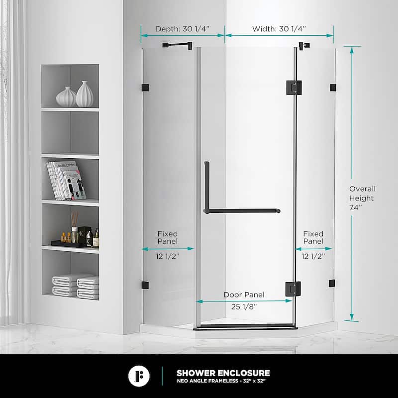 Neo Angle, Acrylic Shower Base with Compatible Glass Frameless Shower Enclosure