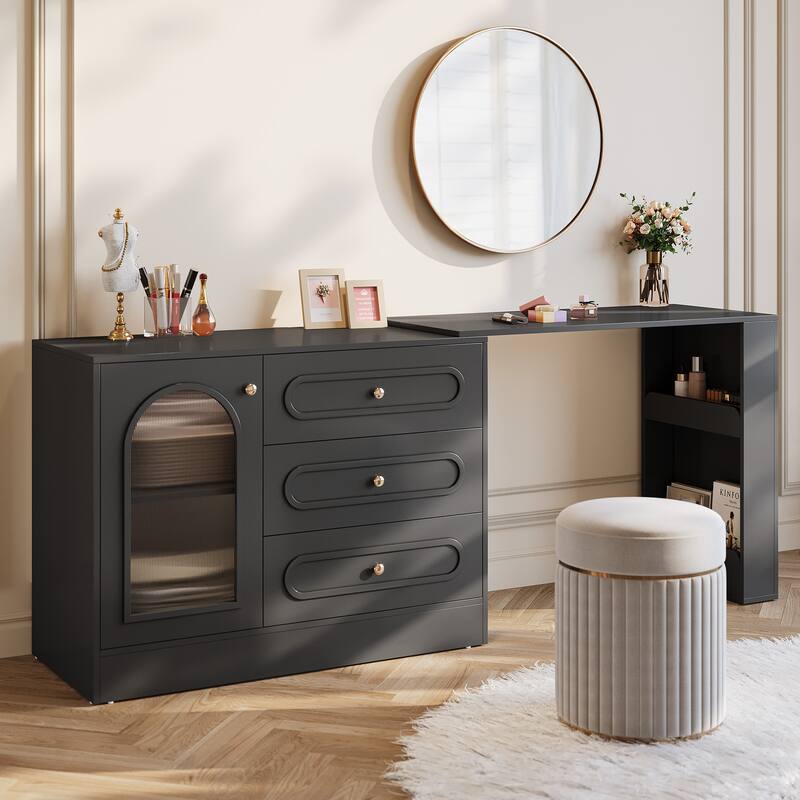 Modern 360° Rotatable Vanity Desk with 3 Drawers, White Corner Vanity