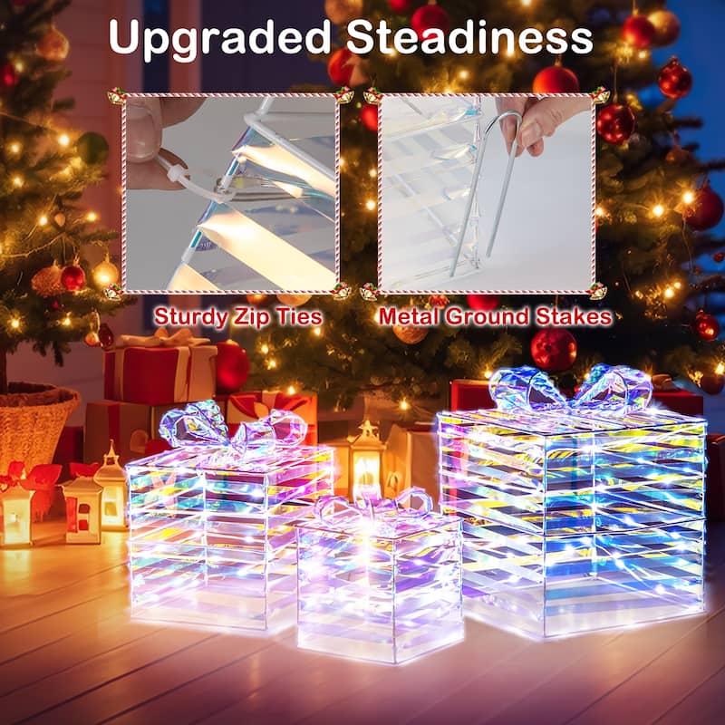 Gymax 3 Pieces Christmas Lighted Gift Boxes 90 LED Light up Present - Multi - See Details