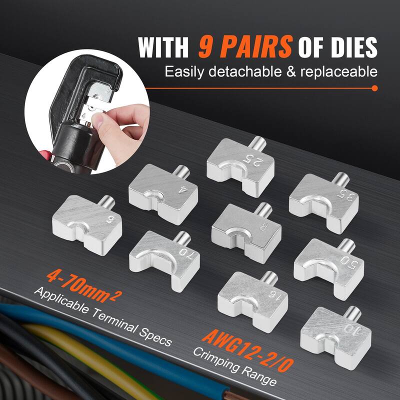 Hydraulic Crimping Tool with 9 Sets of Dies AWG12-2/0 Copper And Aluminum Terminal Battery Lug Crimper - 9 Sets