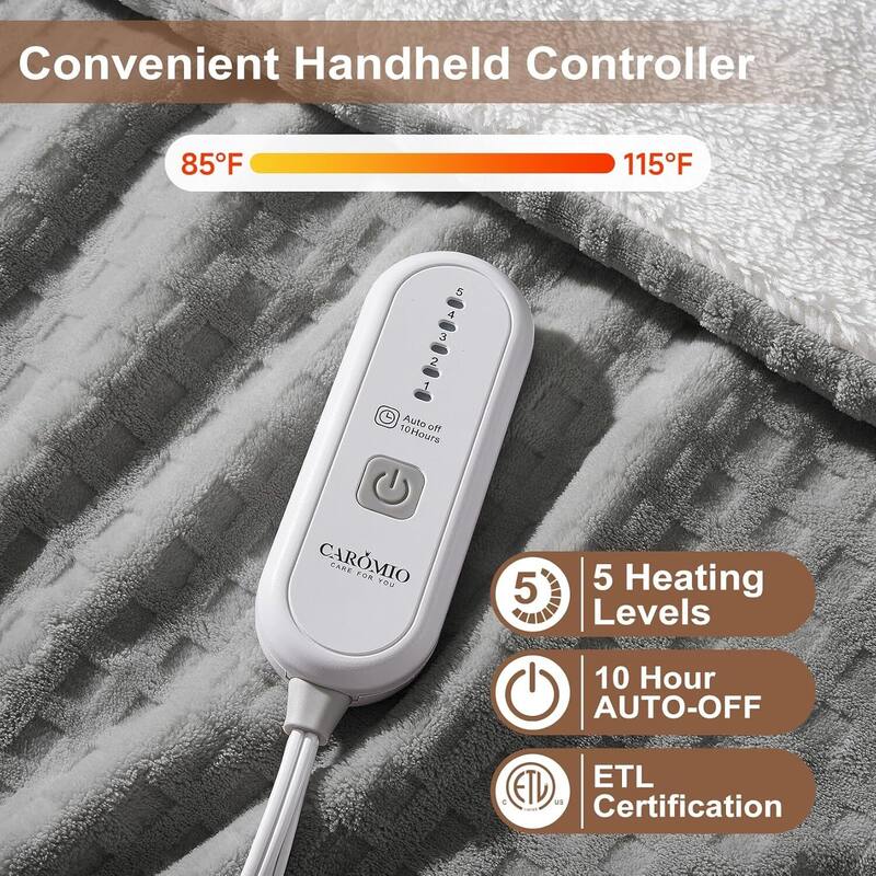 Waffle Soft Flannel & Sherpa Heated Throw Electric Blanket, Grey