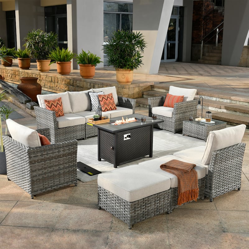 HOOOWOOO 10-piece Wicker Patio Furniture Sectional Set with Steel Fire Pit Table