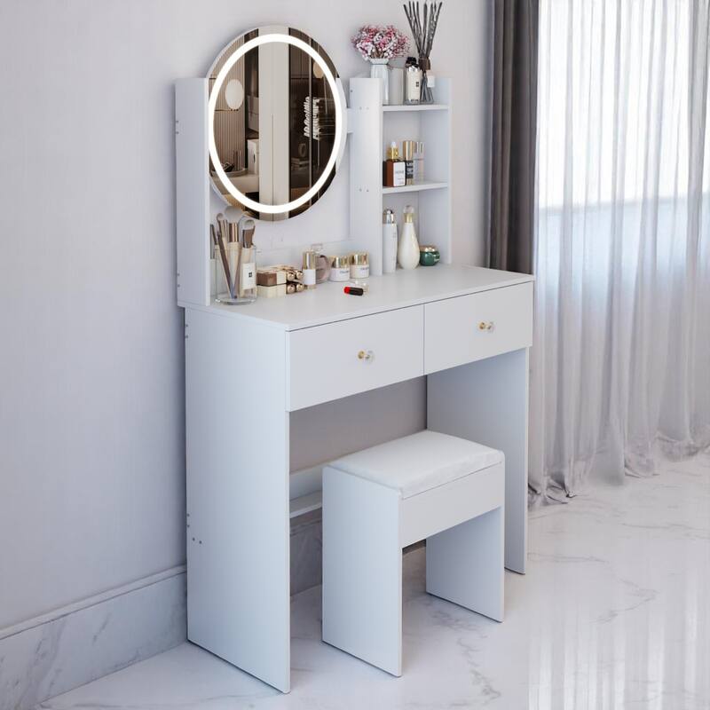KISRAIS 31.5" Fashion Vanity Desk with Mirror and Lights, 3 Color Lighting Brightness Adjustable