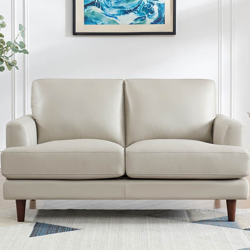 Ivy Living Cassia Top Grain Leather Loveseat with Feather Memory Foam and Springs - Ice White